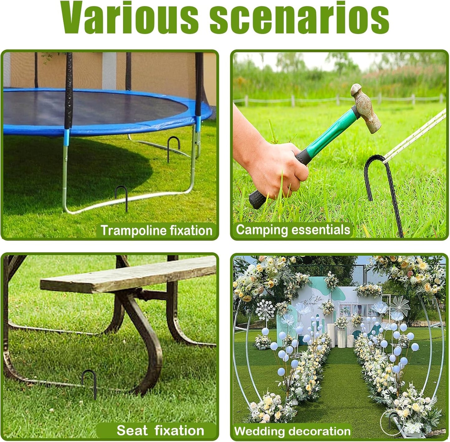 Rebar-Stakes-12Inch,J Hooks Ground Stakes Anchors for Gardening Black Coated Ground Stakes 4pcs Anti-Rust Heavy Duty Dog Fence Fixed Water Pipes Soccer Goals Tent Camping Trampoline