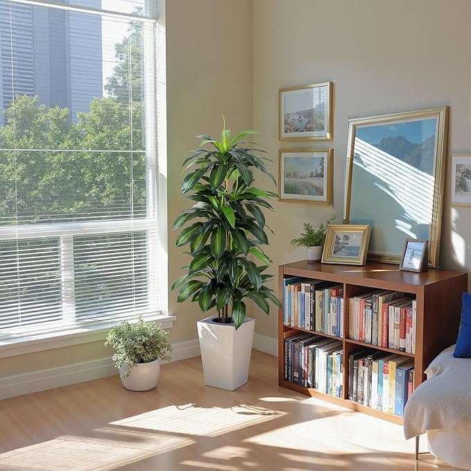 Artificial Dracaena Tree with White Tall Planter, 5ft Tall Potted Artificial Dracaena Silk Plant, Fake Yucca Tree Plant, Home Office Floor Room Decor Plants Indoor Outdoor, Housewarming Gift