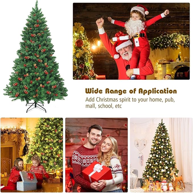 Happygrill 7.5 Feet Christmas Tree Hinged Artificial Christmas Tree with Sturdy Metal Stand Pine Cones and Red Berries, 1526 Branch Tips Xmas Tree for Home Office