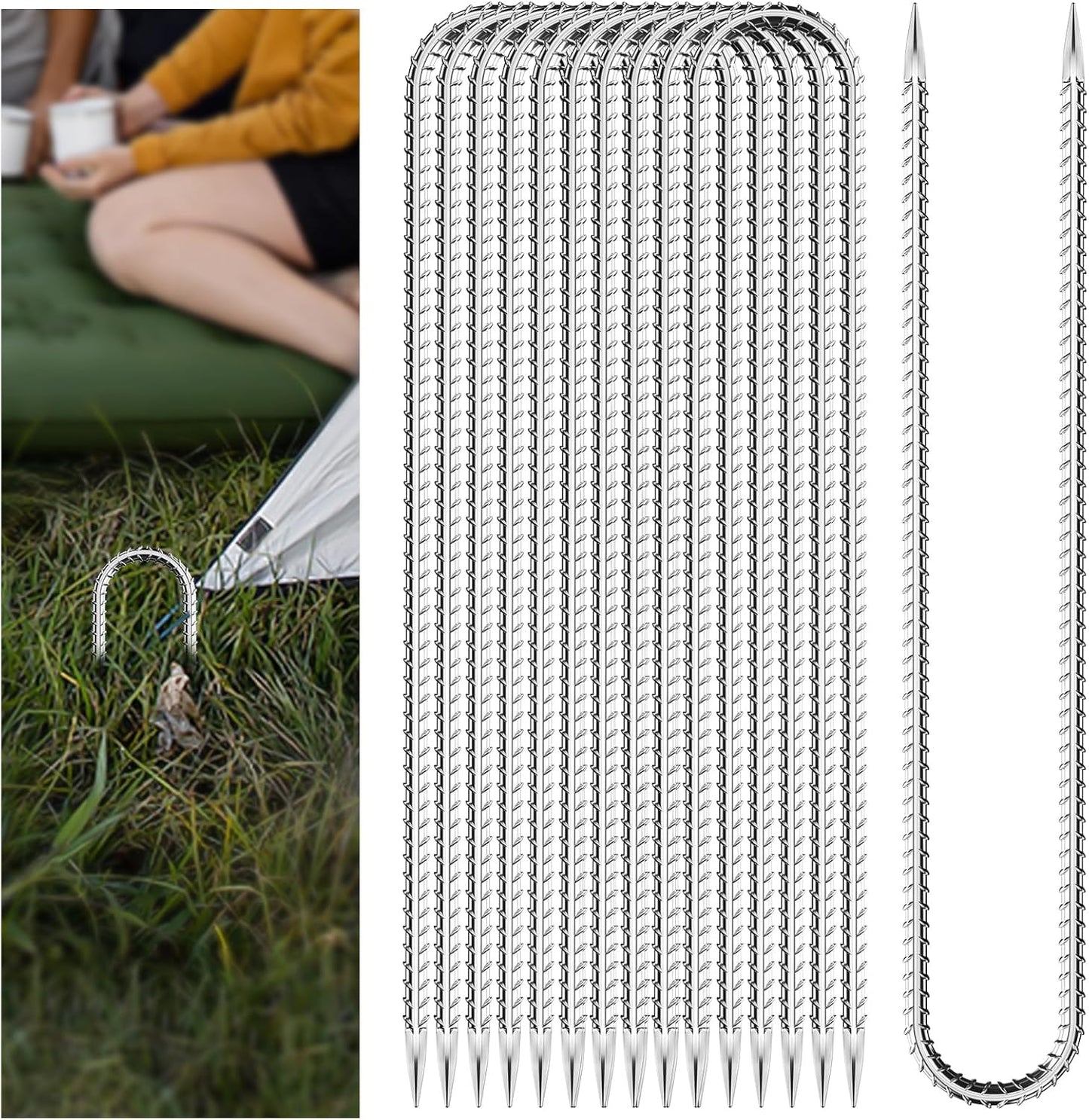 20 PCS Trampoline Stakes Anchors High Wind Heavy Duty,U Shaped Garden Hooks Stakes for Ground,Trampoline Tie Down Anchor Kit,Bounce Horseshoe House Stake,Rebar Camping Tent Stakes,16 Inch Long Silver