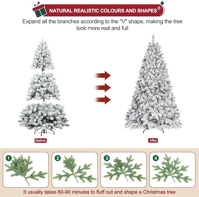 Flocked Christmas Tree 7ft, Premium Christmas Tree - White Flocked Trees - Artificial Xmas Trees