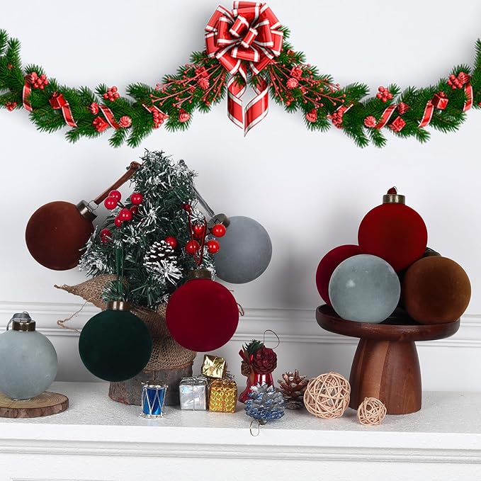 24 Pcs Velvet Christmas Balls Bulk Shatterproof Plastic Christmas Tree Decorations for Decorative Hanging Baubles (24, Wine red、Haze Blue、Blackish Green、Brown, 3.15Inch)