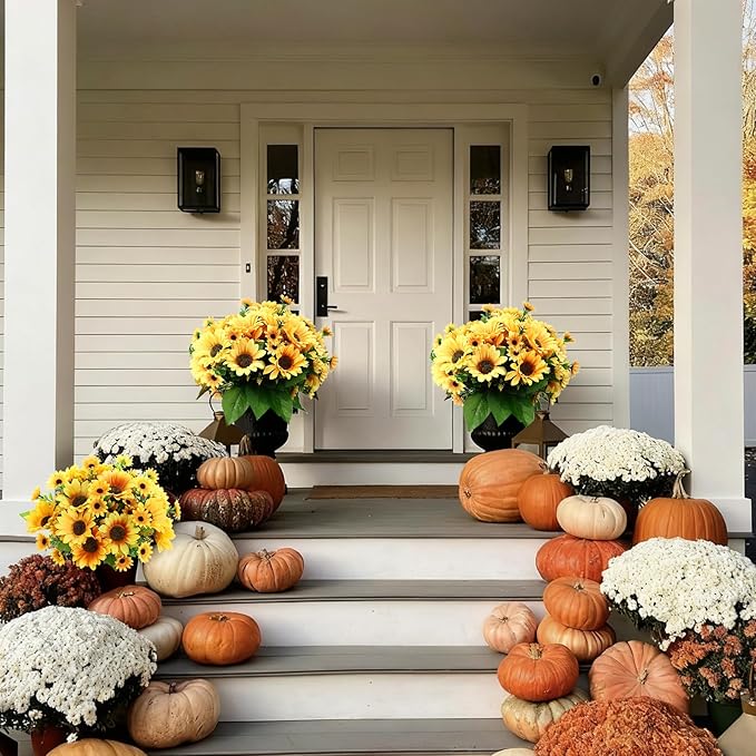 Sunflower Artificial Flowers 8pcs Fall Flowers Outdoor Fake Sunflowers for Garden Patio Window Box Planter Home Porch Garden Wedding Party Office Indoor Autumn Decoration