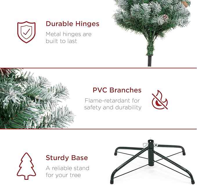 Best Choice Products 6ft Pre-Decorated Holiday Christmas Tree for Home, Office, Party Decoration w/ 1,000 PVC Branch Tips, Partially Flocked Design, Pine Cones, Metal Hinges & Base
