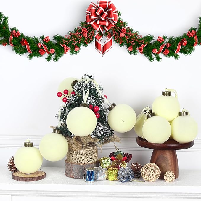 12 Pcs Velvet Christmas Balls Bulk Shatterproof Plastic Christmas Tree Decorations for Decorative Hanging Baubles (12, Beige, 3.15Inch)