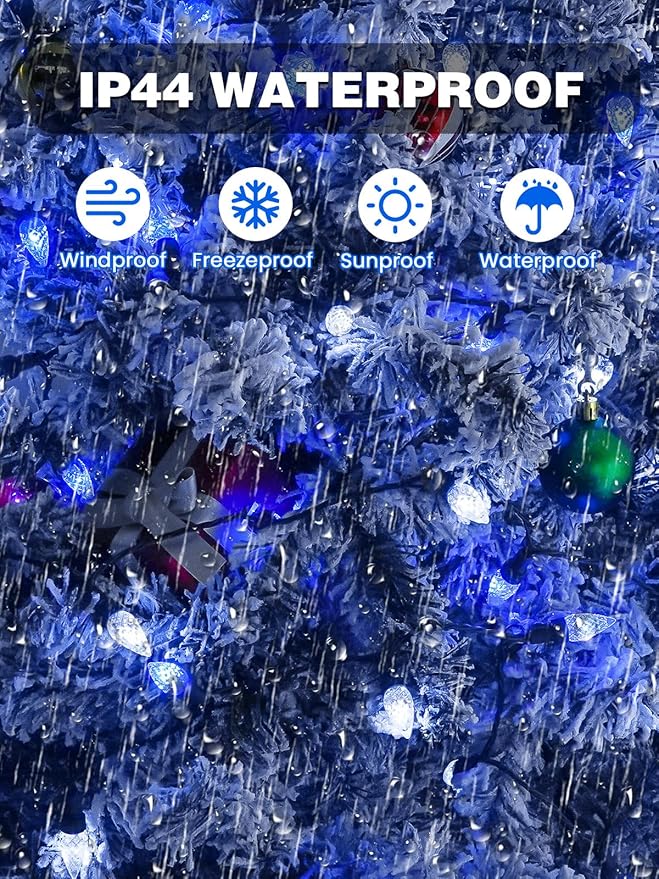 2 Pack C6 Christmas Lights Outdoor Indoor, Total 200 LED 66 FT Connectable Christmas String Lights with Timer & 13 Modes, Waterproof Twinkle Light for Xmas Tree Party Wedding Decor (Blue and White)
