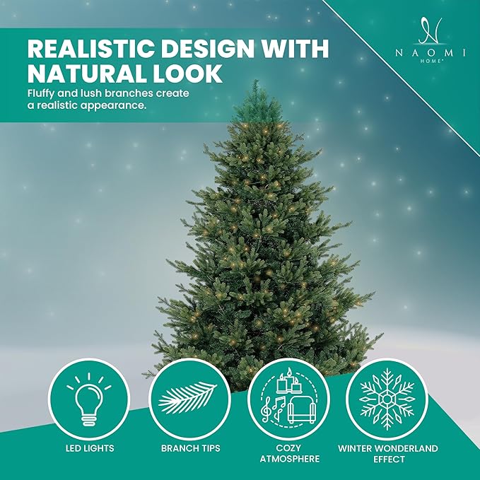 Kinsley 6.5ft Prelit Aritificial Christmas Tree with 3156 Branch Tips, 450 Warm Lights and Metal Stand, 53" Wide Realistic Traditional Christmas Tree with Lights by Naomi Home