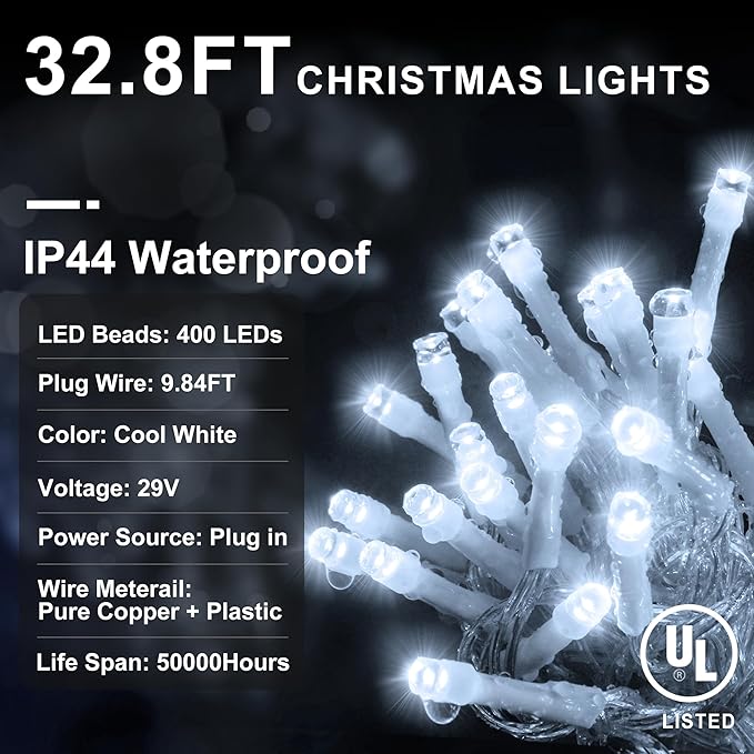 KNONEW Christmas Lights Outdoor Decorations 400 LED 33ft 8 Modes Curtain Fairy String Light with 75 Drops, Clear Wire LED String Light Decor for Wedding Party Holiday Christmas Decorations(Cool White)