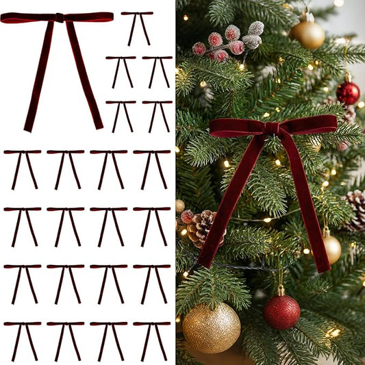 24 Pcs Velvet Christmas Tree Bows Decor, Vintage Wreath Bow for Christmas Garland, Gift Wrapping, Xmas Tree, 3/8'' Wide, 5 * 7 inch (Burgundy)