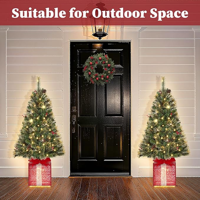 Brightever 4FT Christmas Tree with Warm White LED Lights, Pre-lit Artificial Christmas Trees for Outdoor Indoor Decorations, Unique Gift Box Base, Plug in Outdoor Xmas Tree for Porch, Tabletop, Green