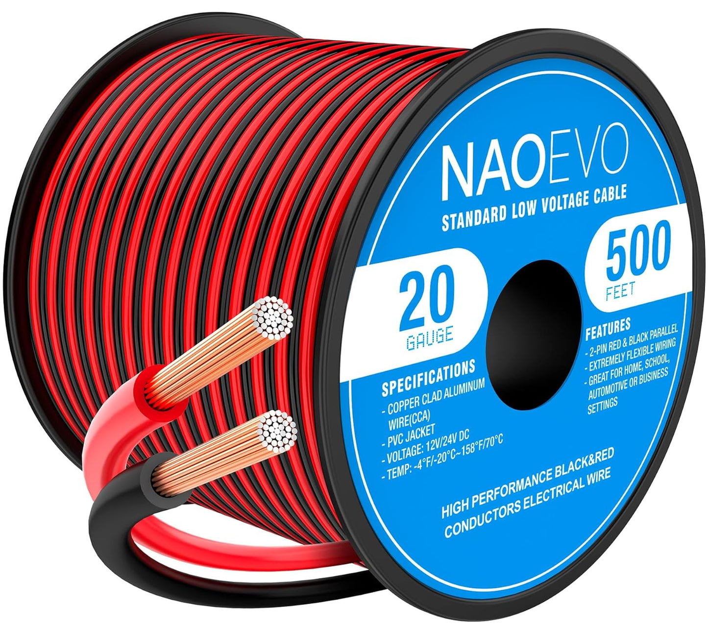 NAOEVO 20 Gauge Wire 500FT, 2 Conductors Electrical Wire Red Black Cable, Flexible/Low Voltage/PVC 20 AWG Copper Clad Aluminum Extension Cord for Speaker, LED Strips, Automotive 12V/24V DC
