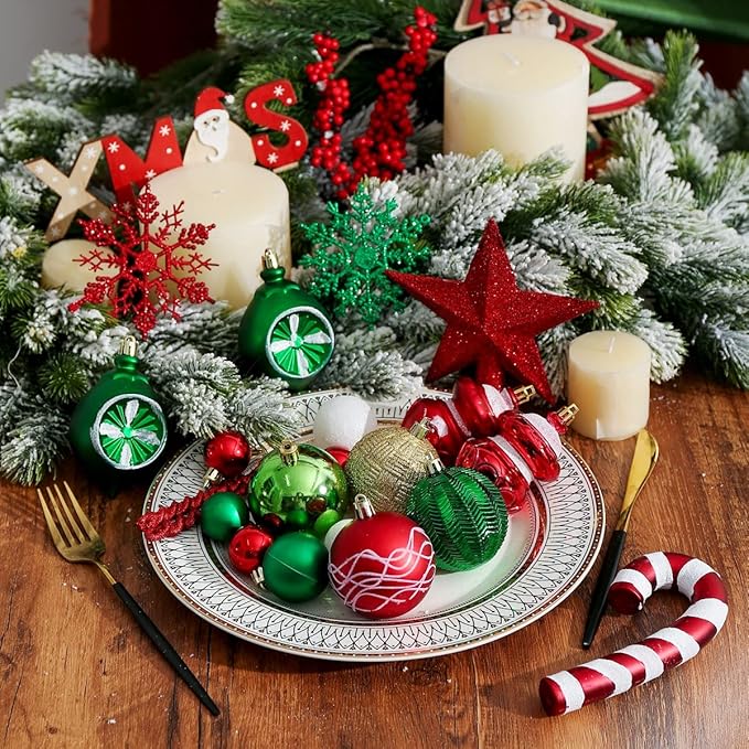 XmasExp 99-Pack Christmas Ball Ornaments Assorted Shatterproof Christmas Tree Decorations with Hand-held Gift Package for Xmas Tree,Home,Party(Green-Gold)