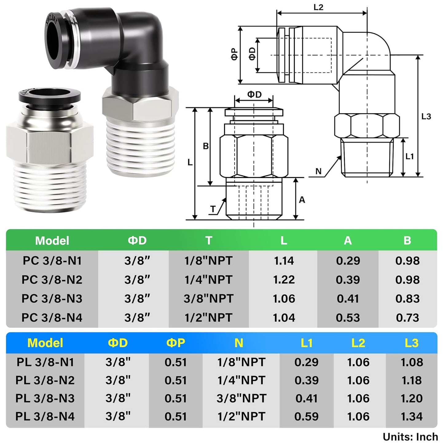 TAILONZ PNEUMATIC Elbow and Straight Combination 3/8 Inch Tube OD x 1/2 Inch NPT Thread Push to Connect Fittings PC-3/8-N4+PL-3/8-N4(Pack of 4)