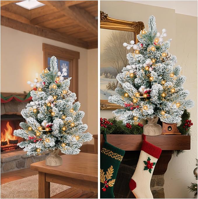 ININ 2FT Pre-lit Mini Christmas Snow Flocked Tree,Tabletop Artificial Christmas Tree with LED Lights, Small Xmas Pine Tree with Cloth Bag Base for Christmas Decor,12 Clusters Berry & 8 Pinecones
