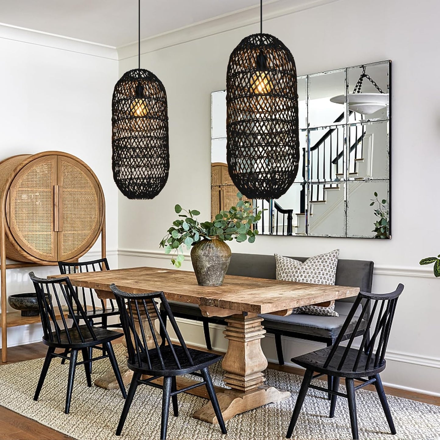 Arturesthome 1 Light Rustic Rattan Basket Pendant Light Fixture, Boho Wicker Chandelier Lamp Black, Coastal Handmade Crafts Lampshade, Farmhouse Hanging Ceiling Lighting for Dining Kitchen