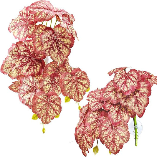 Woyrise Reptile Plants, Terrarium Hanging Plants Vines for Reptile Tank, Amphibian Habitat Leaves Decor with Suction Cup for Bearded Dragon Lizard Snake Gecko Frog Hermit Crab - 2Pcs Pink Heuchera