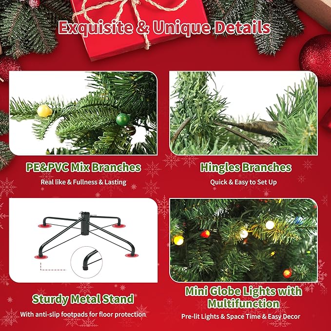 6ft Prelit Christmas Tree, Aspen Fir Artificial Christmas Tree with 210 Multicolor ETL Lights and Metal Stand, 8 Mode，PE & PVC Mixed Layered Xmas Tree for Holiday Home Decororation