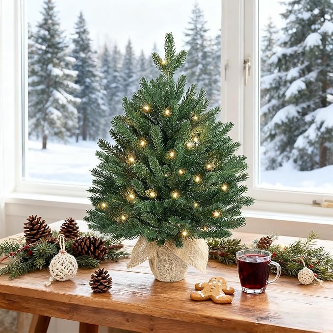 ELYKEN 22'' Mini Christmas Tree with LED Lights, Small Tabletop Artificial Christmas Xmas Holiday Party Decorations for Desk, Indoor Decor