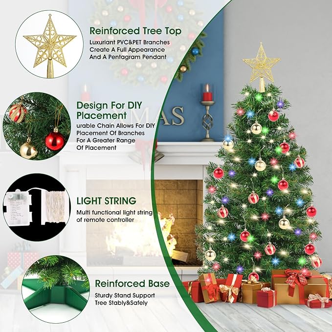 3Ft Christmas Tree with Lights, Table Christmas Tree with 50 LED 12 Modes, 3D Star, 15 Hanging Ball Ornaments, Small Prelit Xmas Tree for Tabletop, Home and Office (Green)