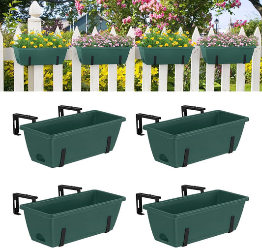 smusei 4 Pack Railing Planter Box Window Boxes Planters, 17'' Rectangular Deck Railing Planter Balcony Hanging Planters with Adjustable Flower Box Brackets for Fence Outdoor Patio Porch