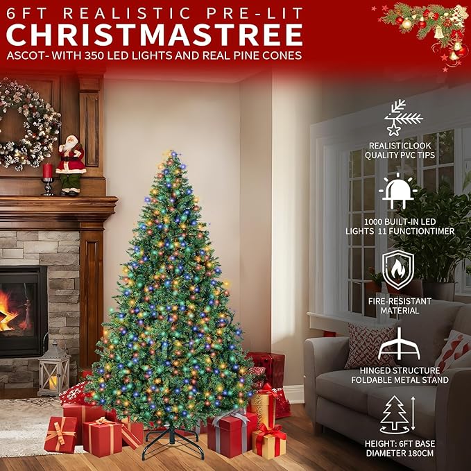 6FT Christmas Tree with Lights,Artificial Christmas Tree with 350 LED Lights and 1000 Branch Tips,Xmas Tree with Foldable Stand Perfect for Indoor&Outdoor,Christmas Decoration for Party by DNKMOR