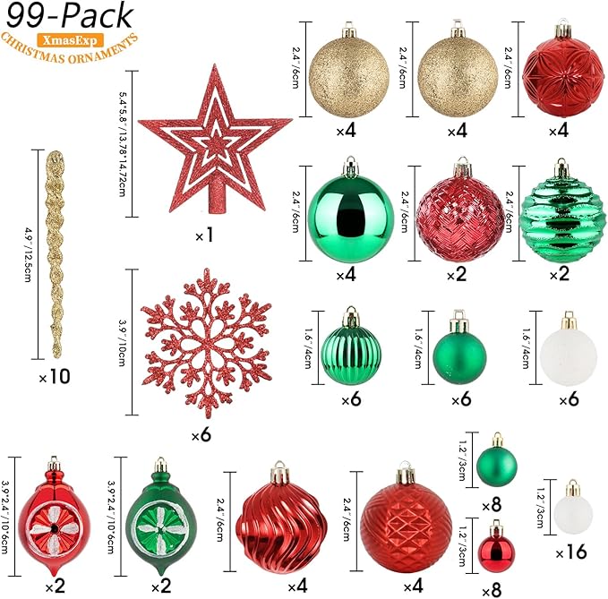 XmasExp 99-Pack Christmas Ball Ornaments Assorted Shatterproof Christmas Tree Decorations with Hand-held Gift Package for Xmas Tree,Home,Party(Green-Gold)