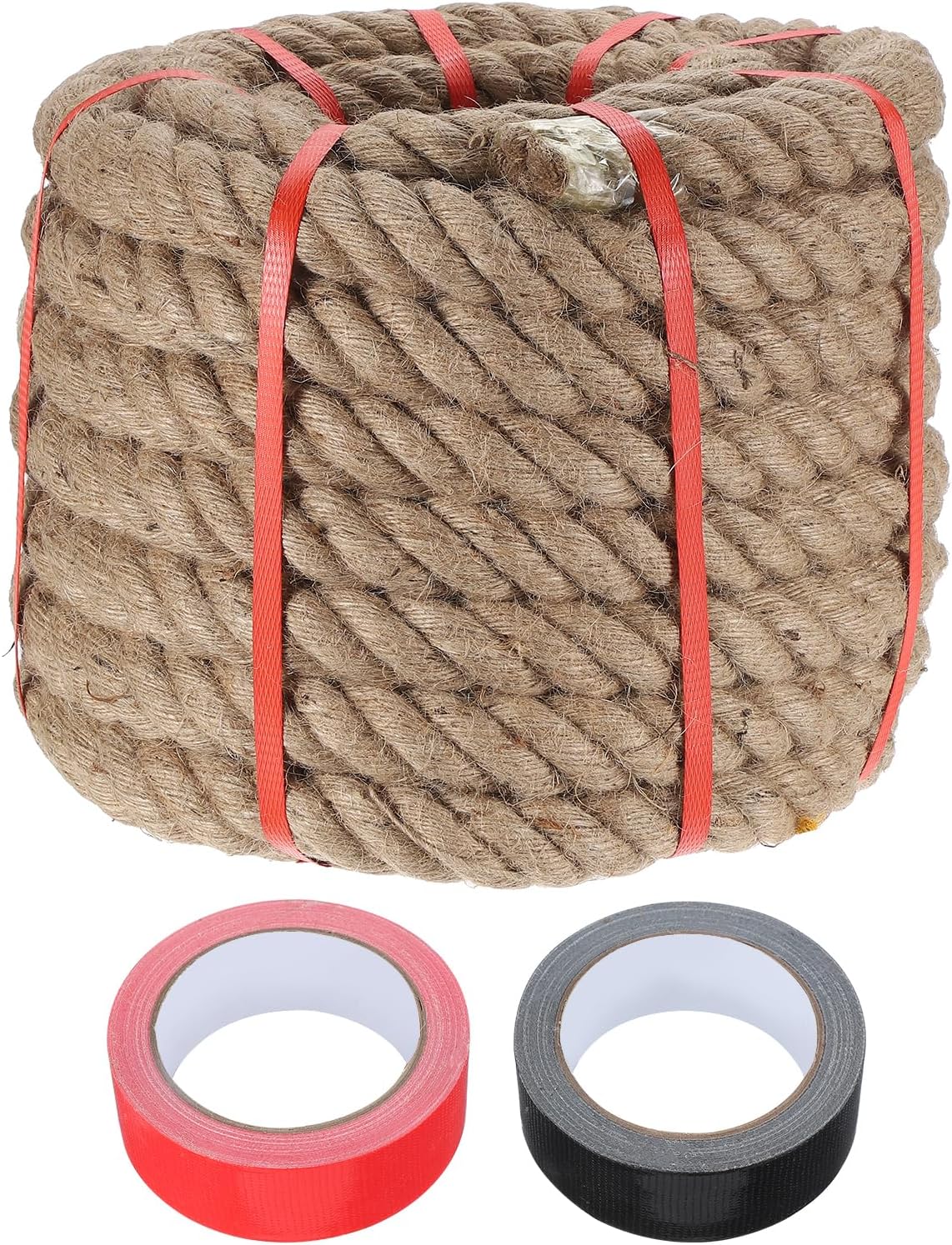 MECCANIXITY Jute Rope 1.4 Inch x 49ft, Thick Twine Rope Ropes Braided Jute Twine Natural Brown Burlap Cord String Heavy Twisted with Tapes for Decorative Crafts Railing Swing Tug of War