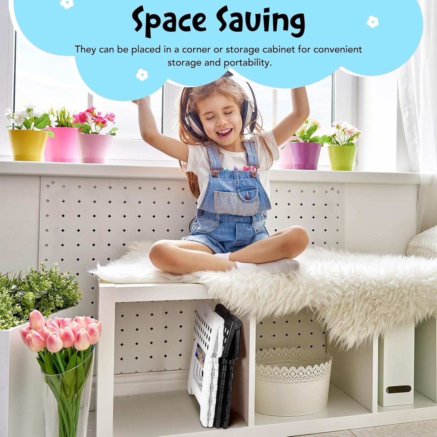 ACKO Folding Step Stool 9 Inch 300 lb Capacity, Plastic Foldable Step Stools for Kids and Adults, Folding Stools Suitable for Kitchen, Stepping Stool with Handle White 1PC