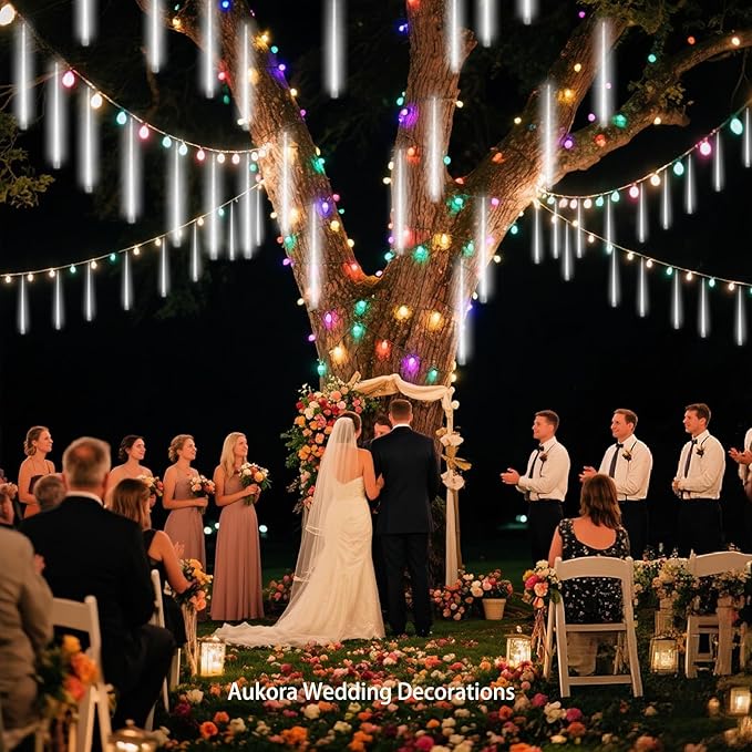 Aukora White Christmas Lights Outdoor, UL Plug 24 Tubes 576 LEDs Meteor Shower Light, Tandemable Icicle Snow Falling Rain Light for Xmas Tree Halloween Decorations Wedding Party Holiday Garden Decor