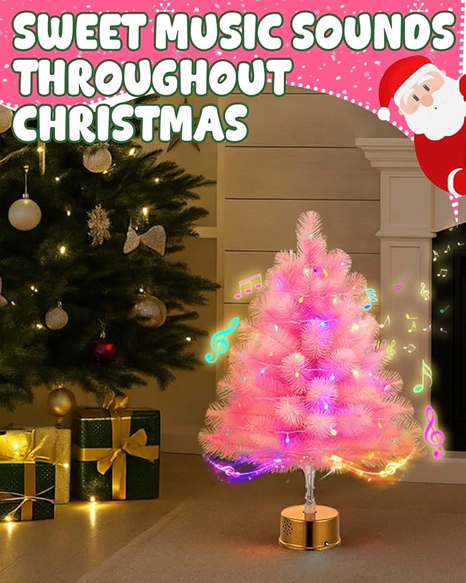 2FT Pink Rotating Christmas Tree with Music and LED Lights, 360° Spinning Tabletop Mini Xmas Tree with Base Christmas Decor for Small Space Home Office Desk Holiday Gift
