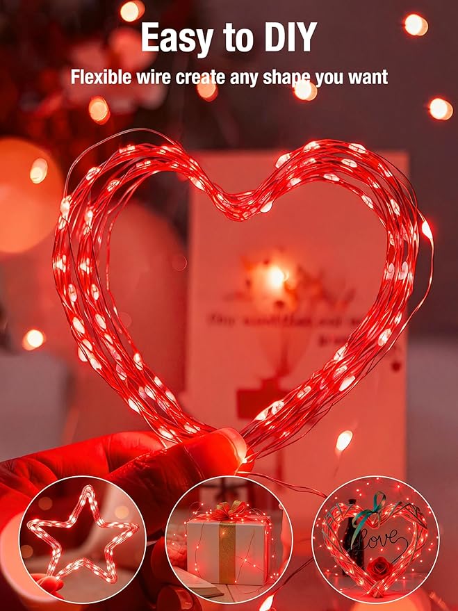 btfarm 4 Pack Fairy Lights Battery Operated with Timer, 16.4 FT 50 LED Silver Wire Twinkle String Lights 8 Modes Dimmable Waterproof for Indoor Christmas Bedroom Wedding Decorations, Red