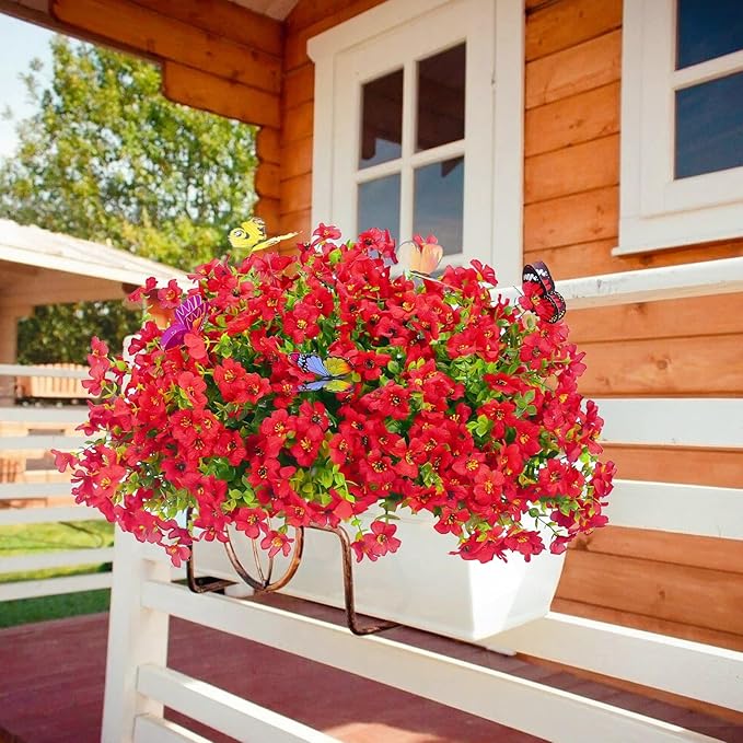 20 Bundles Artificial Flowers for Outdoors‌ with 6 Faux Butterflies, UV Resistant Fake Flowers‌ with Eucalyptus Leaves, Artificial Plants Outdoor‌ for Patio Garden Porch Home Decor (Red)