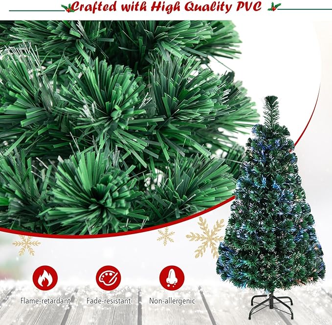 HAPPYGRILL 4FT Pre-Lit Fiber Optic Christmas Tree Artificial Christmas Tree with 125 PVC Tips, Green Xmas Tree with LED Lights for Indoor Outdoor Festival Decor