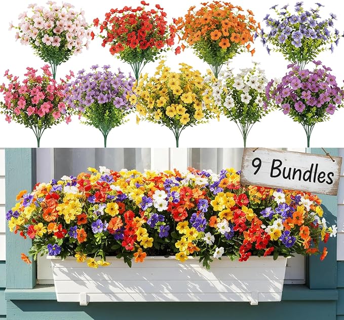 ilauke 9 Bundles Artificial Flowers for Outdoors, Fake Flowers UV Resistant, No Fade Faux Flower Plants 9 Colors with Eucalyptus, Plastic Flower Outside Planter Garden Porch Patio Home Wedding Decor