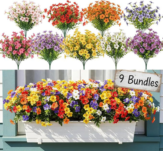 ilauke 9 Bundles Artificial Flowers for Outdoors, Fake Flowers UV Resistant, No Fade Faux Flower Plants 9 Colors with Eucalyptus, Plastic Flower Outside Planter Garden Porch Patio Home Wedding Decor
