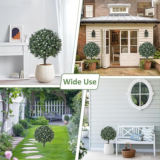24" Artificial Boxwood Topiary Ball Bush with White Flowers, Set of 2 Artificial Shrub Bushes with Spike, Fake Evergreen Tree for Porch, Artificial Plants for Outdoor Planters Indoor UV Resistant