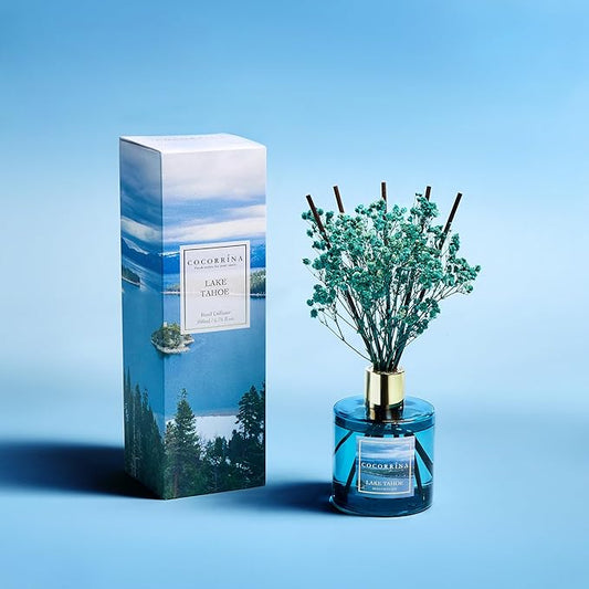COCORRÍNA Reed Diffuser - Lake Tahoe 6.7 Fl.oz Reed Diffuser Set with 8 Sticks & Preserved Baby's Breath, Reed Diffuser for Home Bathroom Shelf Decor