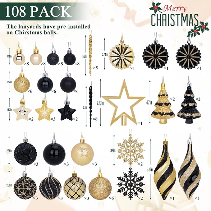 108 Pcs Christmas Ball Ornaments Set, Black and Gold Shatterproof Hand-Painted Hanging Bulbs Decoration for Xmas Tree, Wreath, Garland, Home Holiday Decor