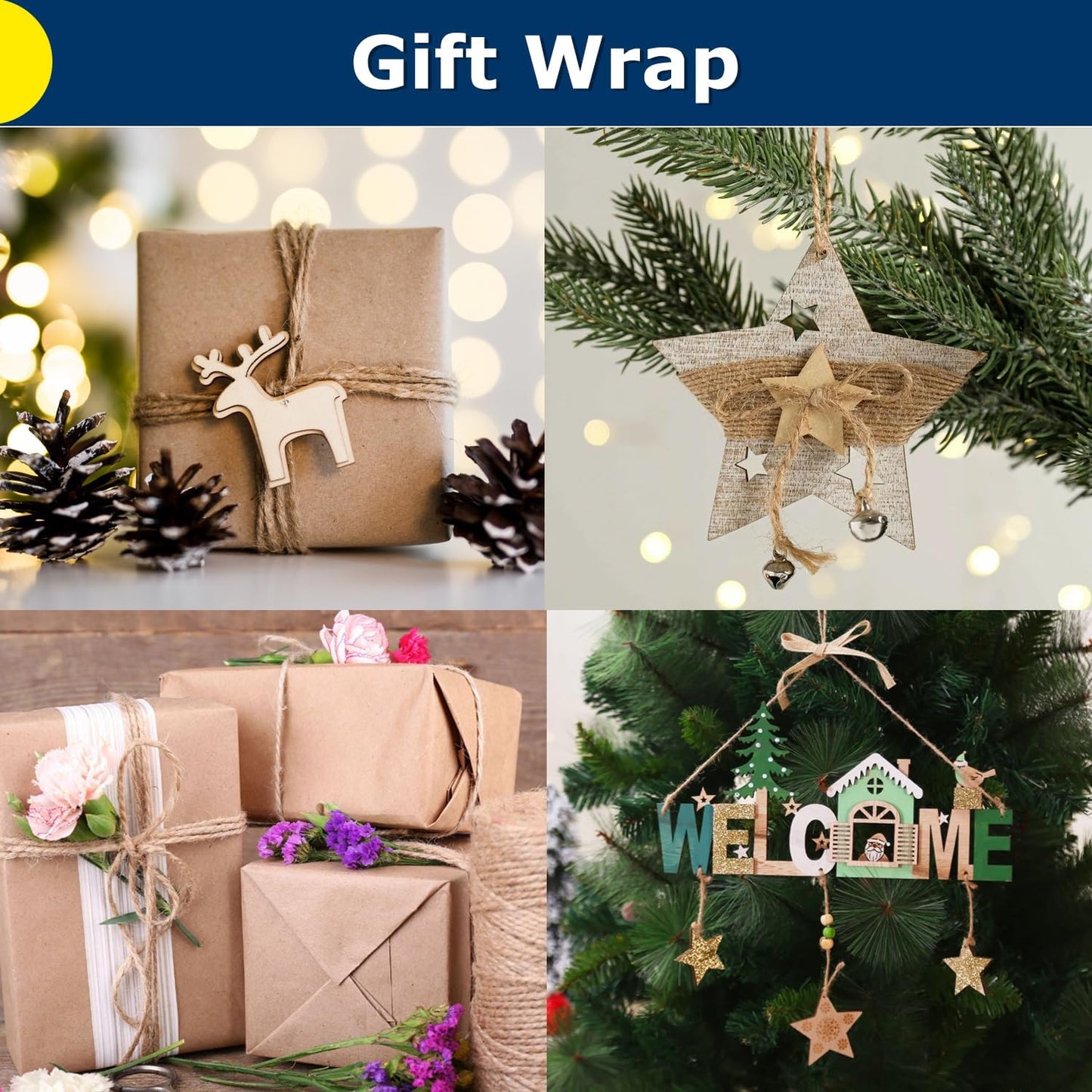 Vanhench Jute Twine Rope 1/13" (2mm) x 1100FT, Natural Jute String Cord for Crafts Gardening Garden Plant Gift Wrapping Rope Arts & Crafts Packing Material Christmas Twine Bulk Halloween Decorations