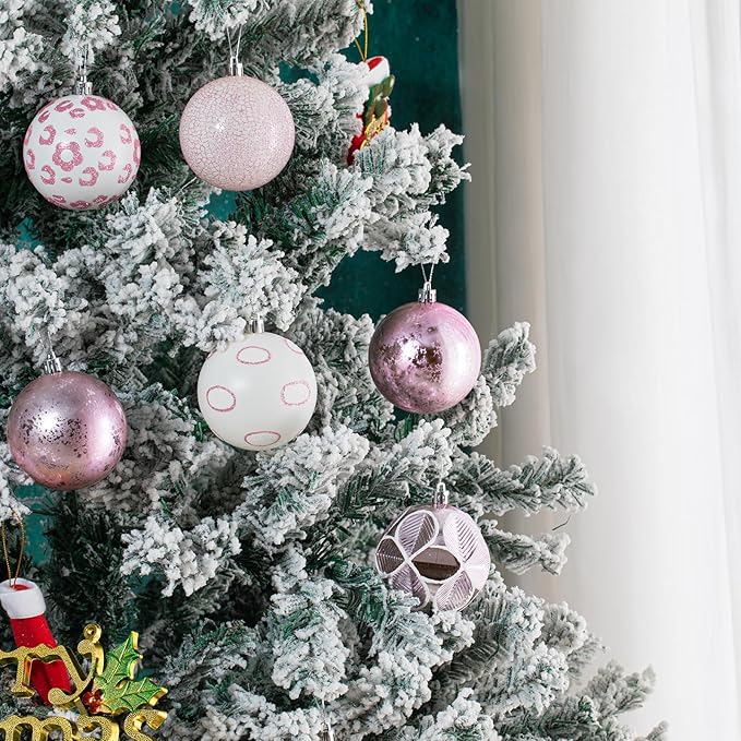 16CT Leopard Christmas Ornaments,Shatterproof Pink and White Christmas Decorations, Lage Baubles Ornaments Hanging Decor for Xmas Tree Home Party Festivals (80MM/3.15'')