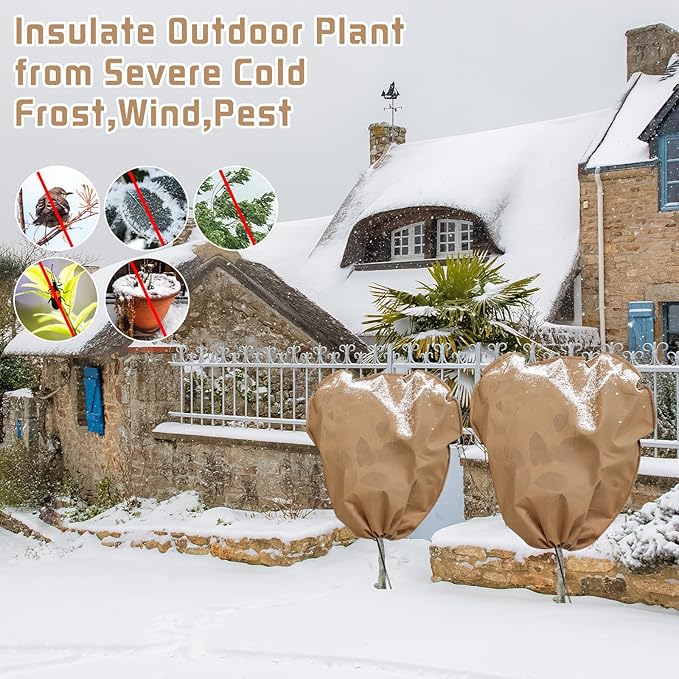 4 Pcs Plant Covers Freeze Protection 2 Size 47" x 32" and 71" x 47" Reusable Plant Protector with Zipper and Drawstring, Winter Bush Covers Freeze Protection from Cold Sun Frost Wind(Brown)