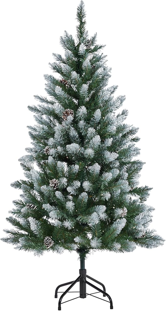 GAOMON 4.5 ft Pre-Lit Christmas Tree with Pine Cones & 150 LEDs & 352 Tips - Hinged Stand PVC Holiday Trees Decor for Home/Office/Party，White
