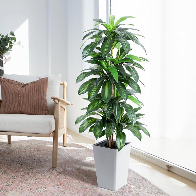Artificial Dracaena Tree with White Tall Planter, 5ft Tall Potted Artificial Dracaena Silk Plant, Fake Yucca Tree Plant, Home Office Floor Room Decor Plants Indoor Outdoor, Housewarming Gift