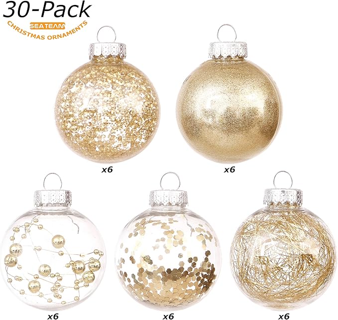 Sea Team Shatterproof Clear Plastic Christmas Ball Ornaments Decorative Xmas Balls Baubles Set with Stuffed Delicate Decorations (60mm/2.36"/30-Pack, Gold)
