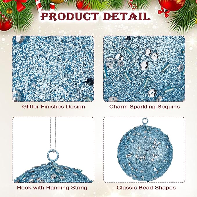 4" Large Christmas Balls Ornaments 6 Pcs Shatterproof Big Grey Blue Christmas Ornaments for Xmas Tree Bulk Glitter Big Xmas Tree Ornament for Trees Halloween Holiday Wedding Party Decoration