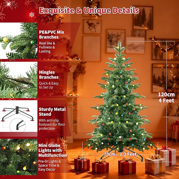 4Ft Prelit Artificial Christmas Tree, Lighted Aspen Fir Christmas Tree with Multicolor Global Lights and Metal Stand, Slim PE & PVC Mixed Layered Xmas Tree for Holiday Home Decor