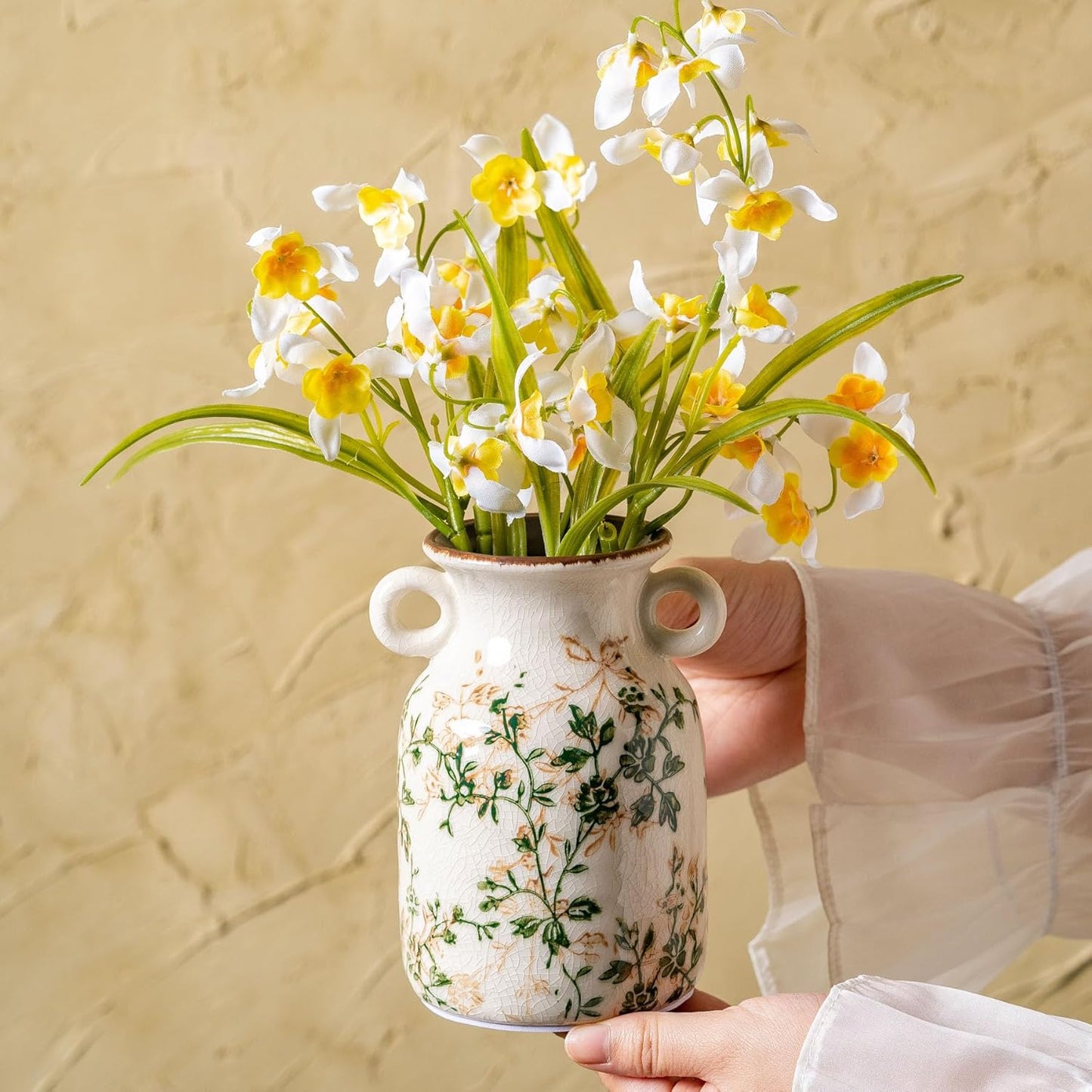 Ceramic Vases Set of 3, Green & Beige Chinoiserie Flower Pitcher Vase, Farmhouse Vintage Floral Vase Home Decor for Mantle, Fireplace, Kitchen Counter, Living Room Bookshelf Rustic Table Centerpiece