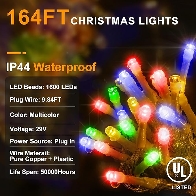 KNONEW 164FT 1600 LED Christmas Lights Outdoor Decoration Multicolor with 320 Drops, 8 Modes Timer Hanging Fairy String Lights Plug in Waterproof Indoor Decor for Holiday Wedding Party Window Garden