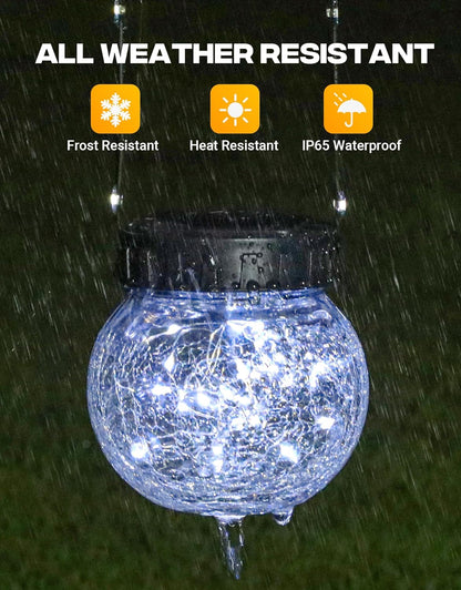 PARTPHONER Solar Lights Outdoor Waterproof 12-Pack, Solar Powered Hanging Lantern Cracked Glass Hanging Globes for Yard Decor Christmas Decoration, Shepherd Hook, Garden Tree Ornaments, Cold White
