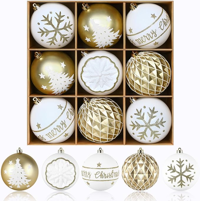 SHareconn 100MM/4 Inch 9PCS Large Christmas Balls Ornaments, Shatterproof Plastic Hanging Big Baubles Set for Xmas Tree Decoration Holiday Party Wedding Decorations with Hook,Gold and White